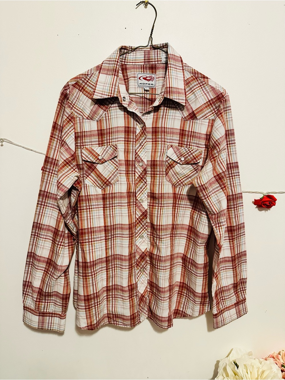 Western Roper Red and Cream Plaid Western Shirt M L